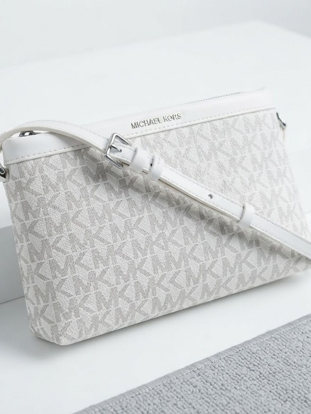 Michael Kors White MK Monogram Signature Crossbody Shoulder Bag Silver Hardware